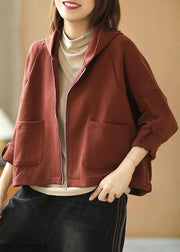 New Brick Red hooded zippered Pockets Fall Sweatshirts Top - bagstylebliss