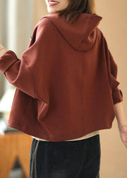 New Brick Red hooded zippered Pockets Fall Sweatshirts Top - bagstylebliss