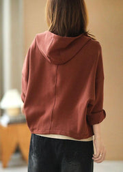 New Brick Red hooded zippered Pockets Fall Sweatshirts Top - bagstylebliss