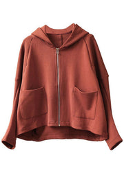 New Brick Red hooded zippered Pockets Fall Sweatshirts Top - bagstylebliss