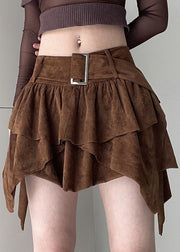 New Brown Asymmetrical Sashes Patchwork Faux Suede Skirt Fall