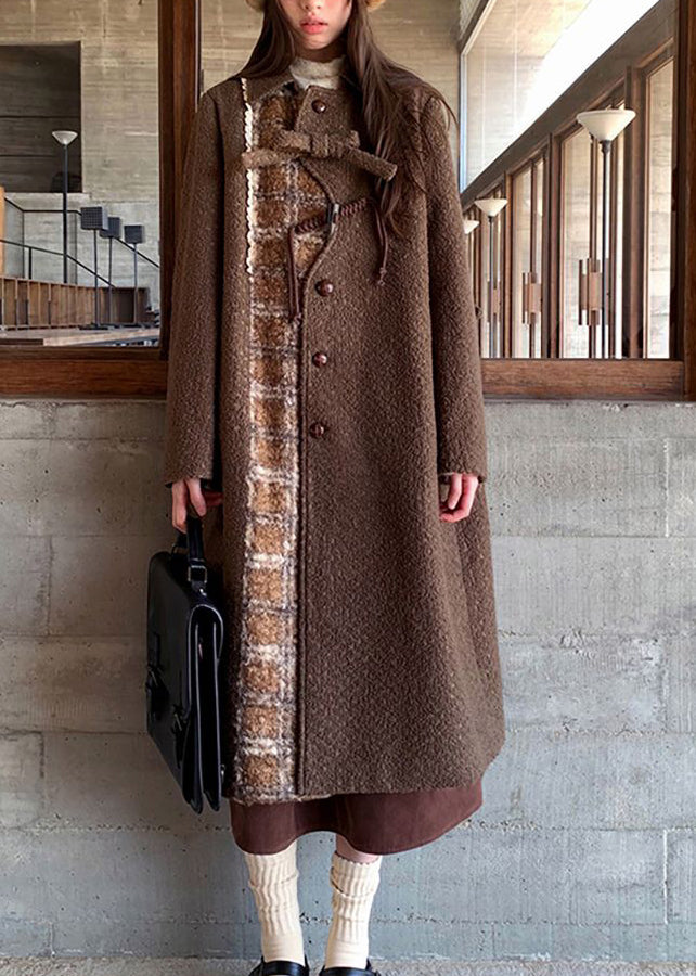 New Brown Peter Pan Collar Pockets Patchwork Woolen Coat Winter