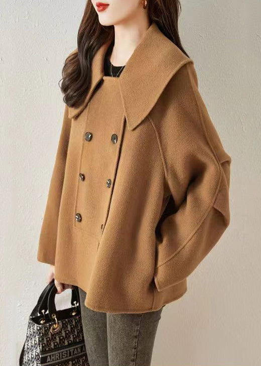 New Camel Button Pockets Patchwork Woolen Coat Fall