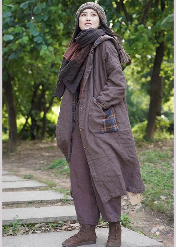 New Chocolate Plaid hooded Wear on both sides Pockets Winter Cotton Women Coat