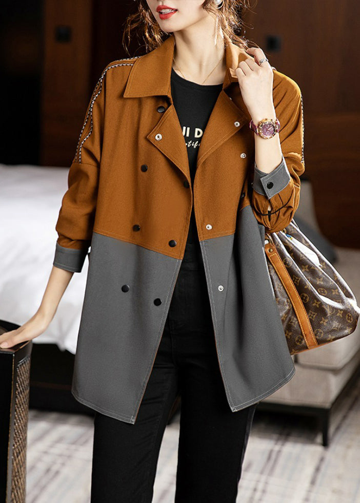 New Colorblock Peter Pan Collar Button Patchwork Cotton Coat Fall