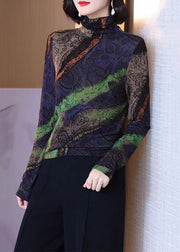 New Colorblock Turtleneck Print Wool Top Long Sleeve