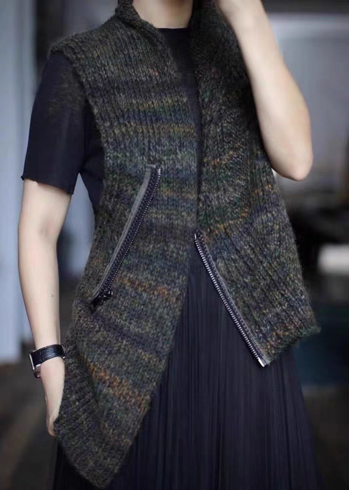 New Dark Gray Asymmetrical Zippered Cotton Knit Waistcoat Sleeveless