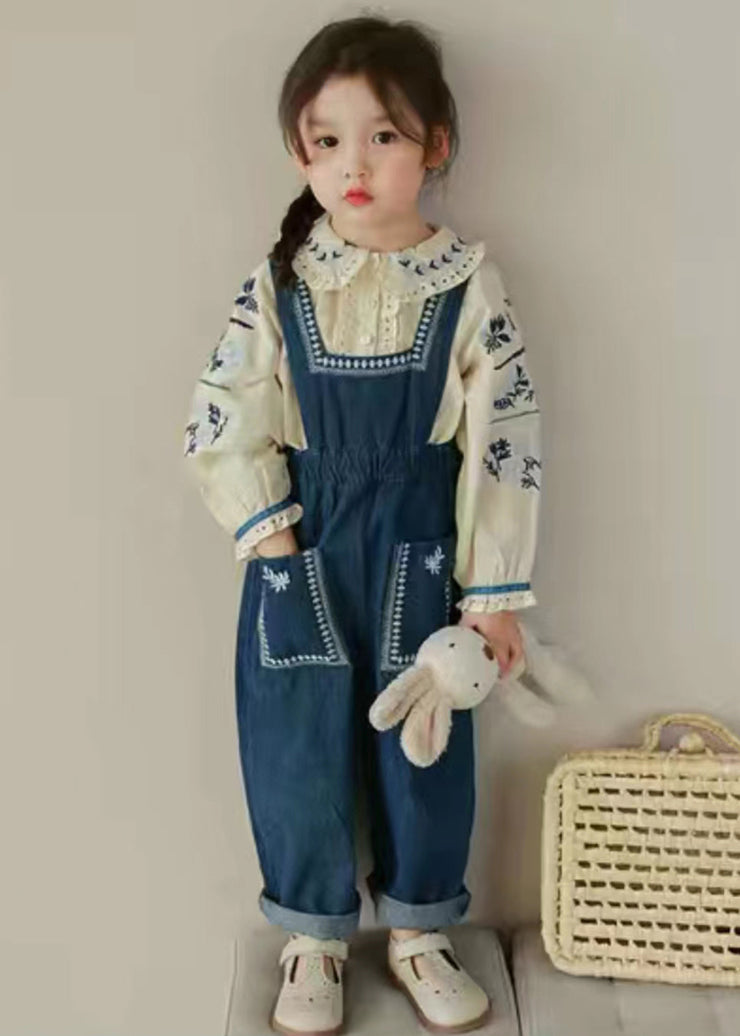 New Embroidered Ruffled Shirts And Denim Pants Girls Two Pieces Set Fall