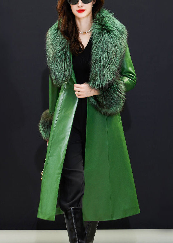 New Emerald Green Fox Collar Detachable Tie Waist Faux Leather Coat Winter