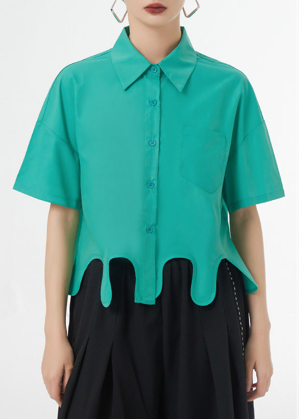 New Green Asymmetrical Button Patchwork Cotton Blouse Top Short Sleeve
