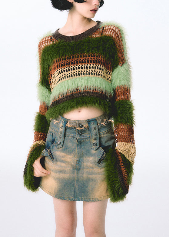 New Green Hollow Out Patchwork Mink Hair Knitted Top Fall