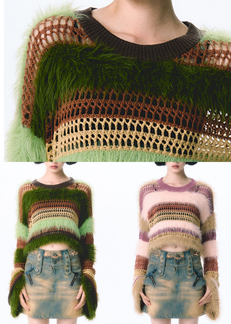 New Green Hollow Out Patchwork Mink Hair Knitted Top Fall