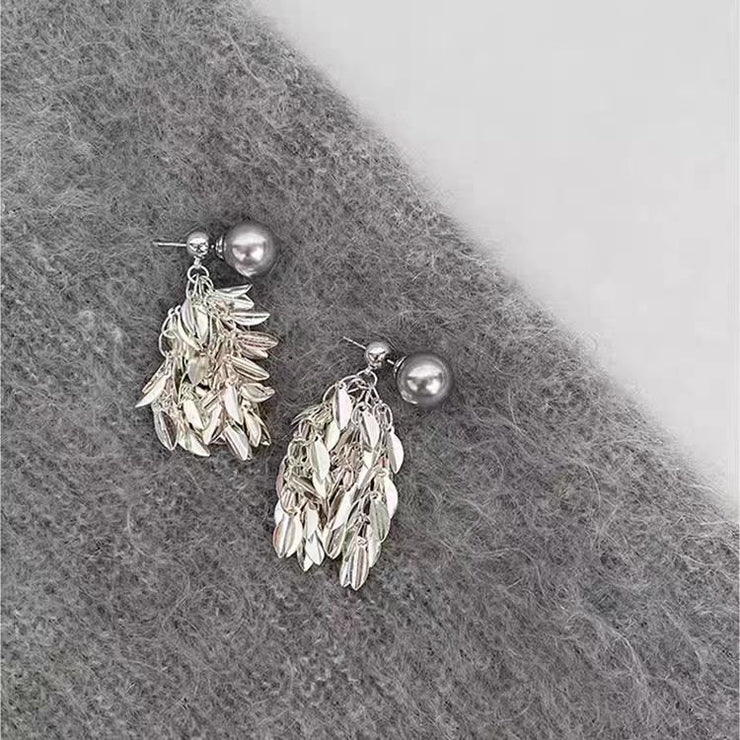 New Grey Copper Silver Plated Pearl Tassel Drop Earrings