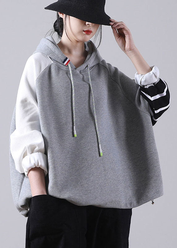 New Grey Hooded Drawstring Patchwork Fall Sweatshirts