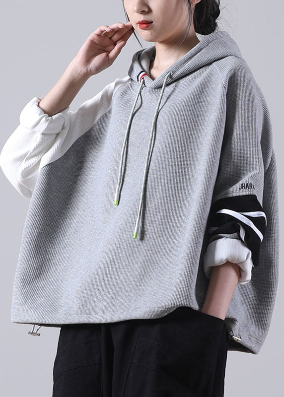 New Grey Hooded Drawstring Patchwork Fall Sweatshirts