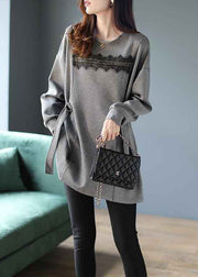 New Grey O Neck Tie Waist Patchwork Cotton Top Fall