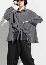 New Grey Pockets drawstring asymmetrical design Fall Long sleeve Top