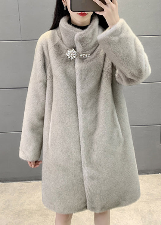 New Grey Stand Button Collar Patchwork Fuzzy Fur Fluffy Coats Winter