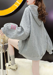 New Grey hooded drawstring Embroideried Fall Sweatshirt Street wear