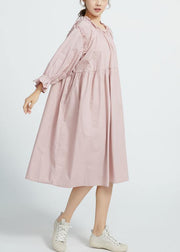 New High waist cotton Ruffles collar women Dresses Wardrobes Pink  long Dresses - bagstylebliss