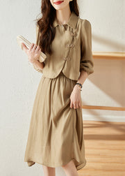 New Khaki Chinese Button Elastic Waist Cotton Two Pieces Set Fall