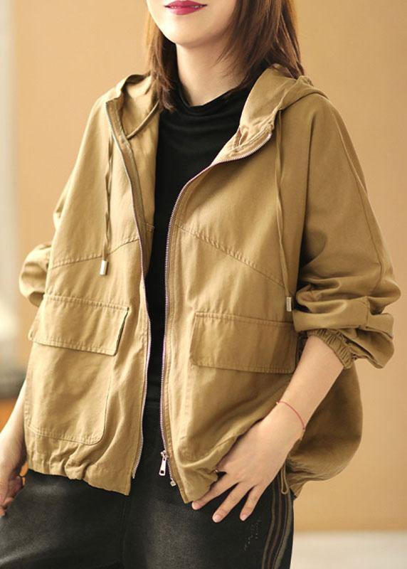 New Khaki Loose Hooded Pockets Fall Long Sleeve Coat - bagstylebliss