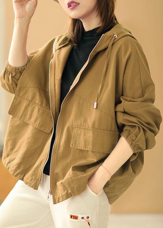 New Khaki Loose Hooded Pockets Fall Long Sleeve Coat - bagstylebliss