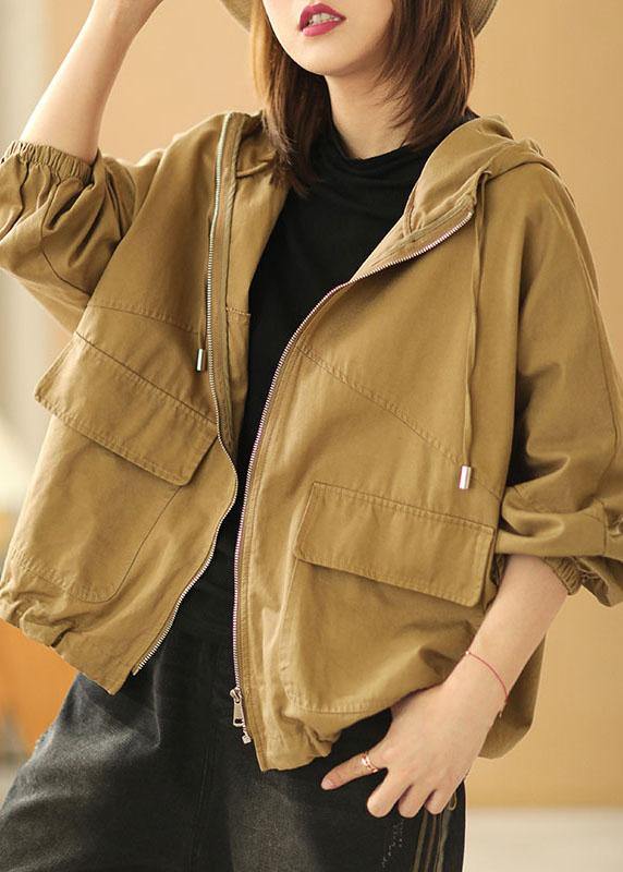 New Khaki Loose Hooded Pockets Fall Long Sleeve Coat - bagstylebliss