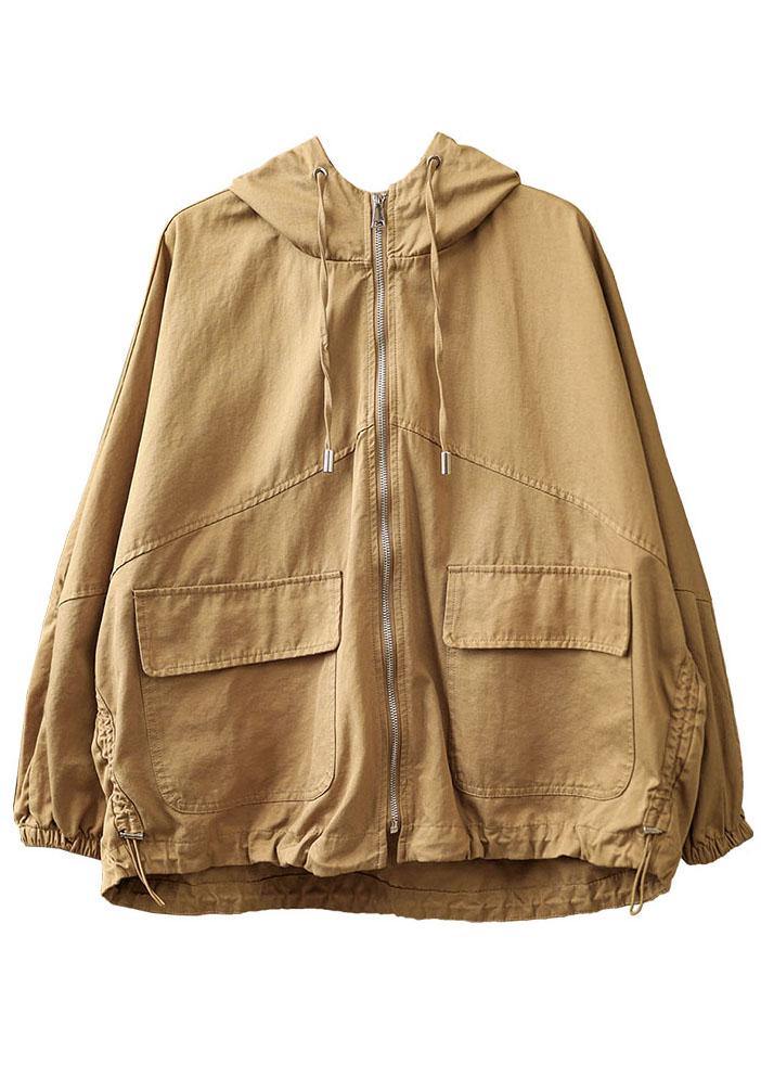 New Khaki Loose Hooded Pockets Fall Long Sleeve Coat - bagstylebliss