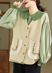 New Khaki Waistcoat And Green Ruffled Blouses Cotton 2 Piece Outfit Fall