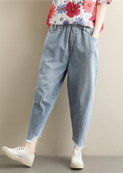 New Korean retro trousers  elastic waist light blue jeans summer - bagstylebliss