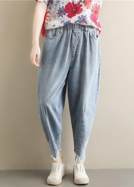 New Korean retro trousers  elastic waist light blue jeans summer - bagstylebliss