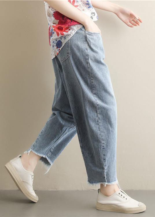 New Korean retro trousers  elastic waist light blue jeans summer - bagstylebliss