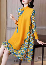 New Light Camel Button Tasseled Print Cotton Dress Spring