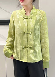 New Light Green Chinese Button Patchwork Blouse Top Fall