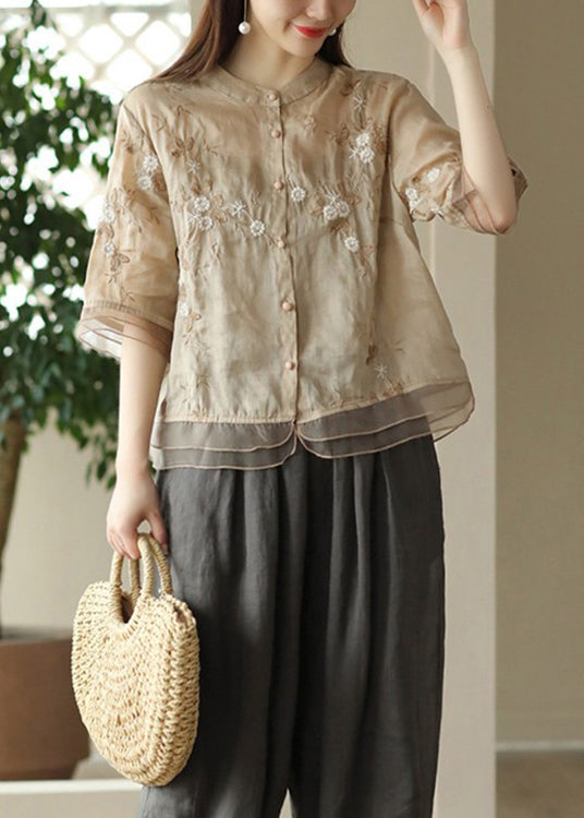 New Light Khaki Embroidered Button Patchwork Linen Shirts Half Sleeve