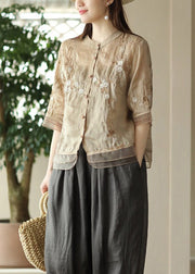 New Light Khaki Embroidered Button Patchwork Linen Shirts Half Sleeve