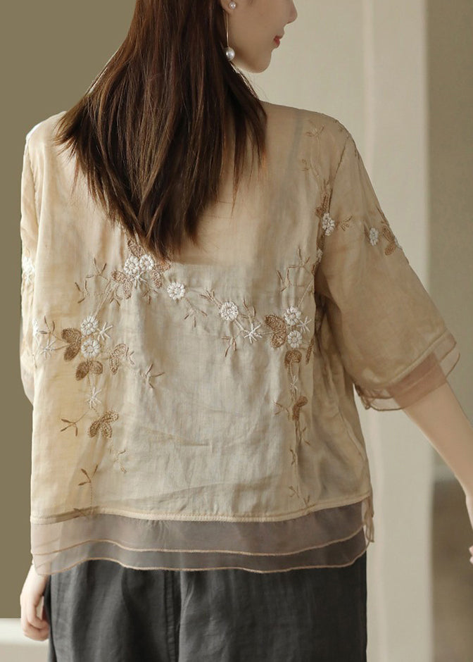 New Light Khaki Embroidered Button Patchwork Linen Shirts Half Sleeve