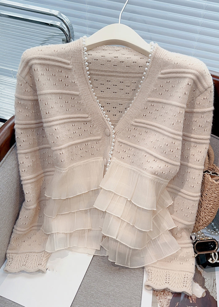 New Light Khaki Ruffled Pearl Patchwork Knit Cardigan Spring