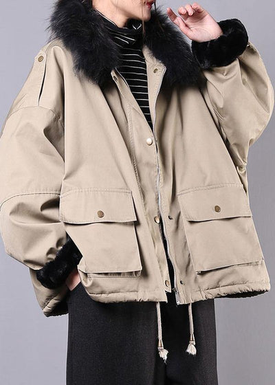 New Loose fitting snow jackets pockets winter coats khaki faux fur collar casual outfit - bagstylebliss