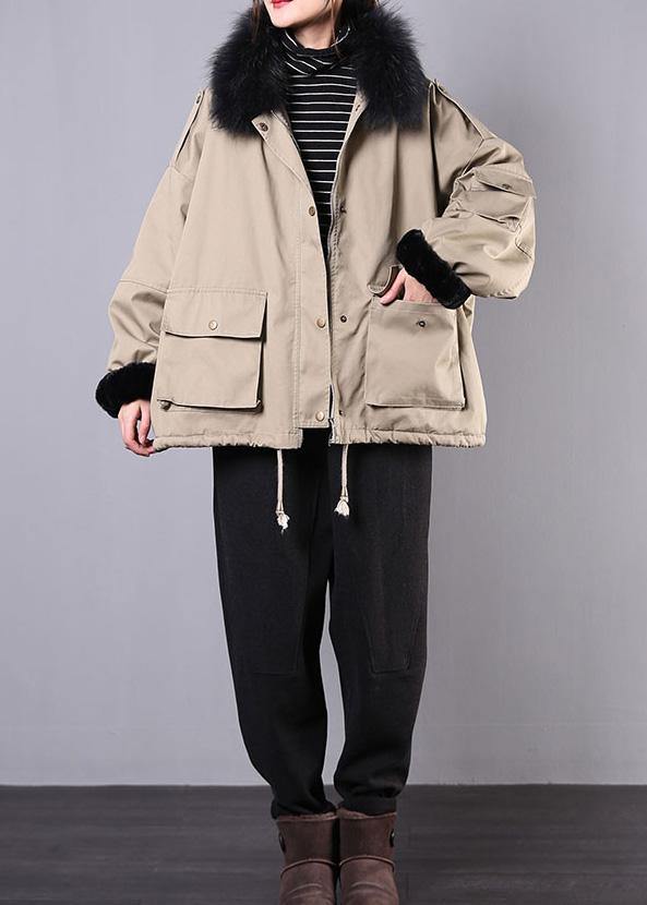 New Loose fitting snow jackets pockets winter coats khaki faux fur collar casual outfit - bagstylebliss