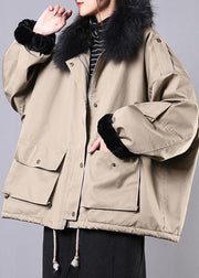 New Loose fitting snow jackets pockets winter coats khaki faux fur collar casual outfit - bagstylebliss