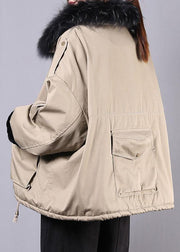 New Loose fitting snow jackets pockets winter coats khaki faux fur collar casual outfit - bagstylebliss