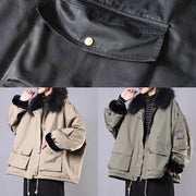 New Loose fitting snow jackets pockets winter coats khaki faux fur collar casual outfit - bagstylebliss