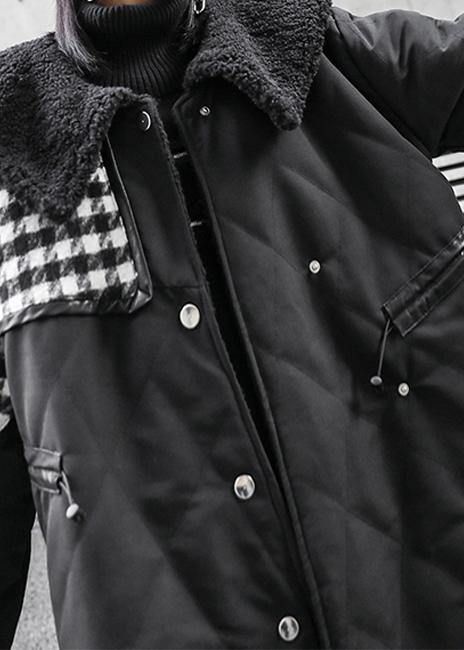 New Loose fitting winter jacket overcoat black patchwork plaid Sailor Collar coat - bagstylebliss