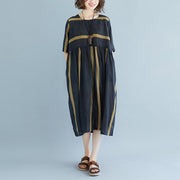 New Midi-length linen dress oversized Round Neck Short Sleeve Pockets Stripe Pleated Slit Dress