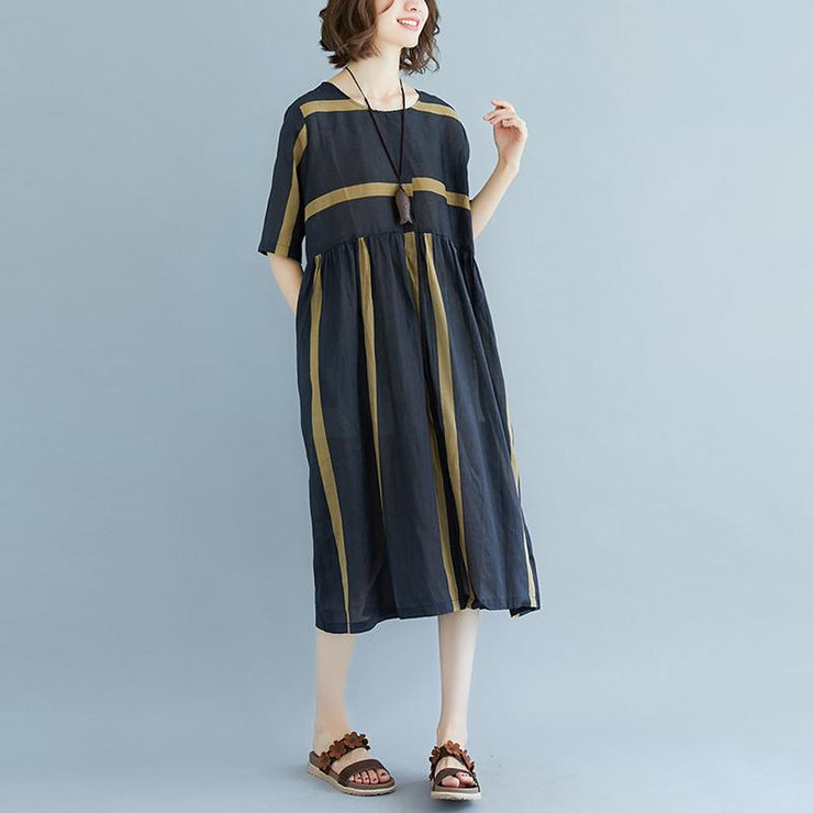 New Midi-length linen dress oversized Round Neck Short Sleeve Pockets Stripe Pleated Slit Dress