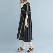 New Midi-length linen dress oversized Round Neck Short Sleeve Pockets Stripe Pleated Slit Dress