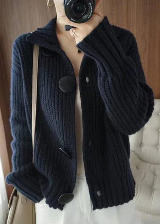 New Navy Button Patchwork Knitted Sweaters Coats Fall