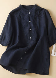 New Navy Embroidered Button Patchwork Linen Shirt Top Summer